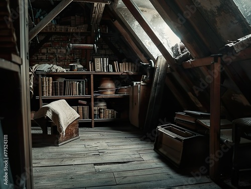 A gloomy attic filled with old dusty relics