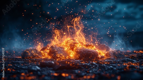 Glowing lava during volcanic eruption at night