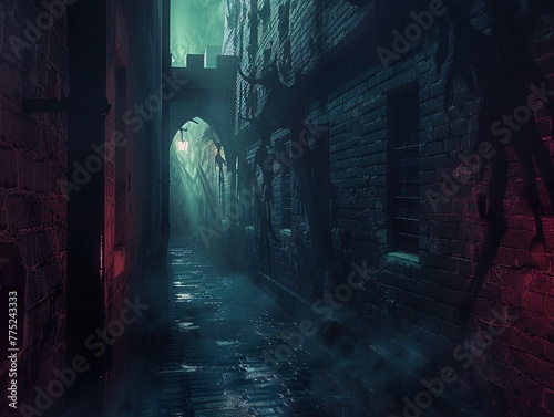 A dark alley with eerie shadows of creatures