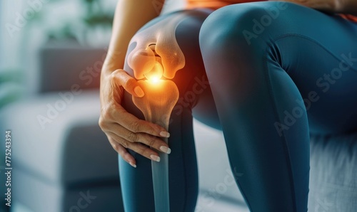 A person experiencing knee pain highlighted with a glow, indicating discomfort and the need for care