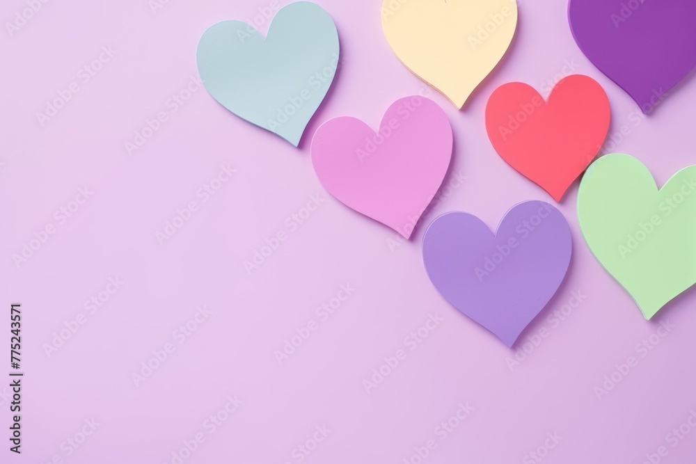 Assorted colorful paper hearts arranged on a soft purple background. Colorful Paper Hearts on Purple Background