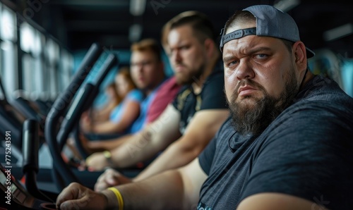 Group of fat or oversize people working out on treadmills at a gym, focused on fitness and leading a healthy lifestyle