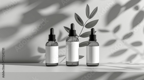 Three Bottles With Plant on Shelf