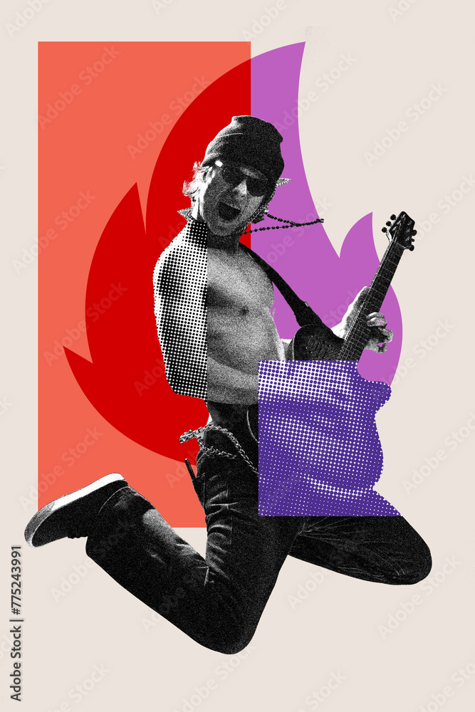 Rock and roll. Emotional young guy playing electric guitar. Monochrome photo with colorful design elements. Contemporary art collage. Concept of art, music, festival, performance, show, creativity