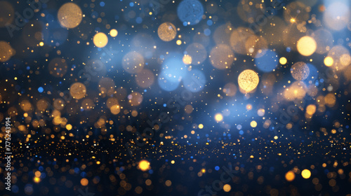Abstract Background with Dark Blue and Gold particle. Christmas Golden light shine particles bokeh on navy blue background. Gold foil texture. Holiday concept.