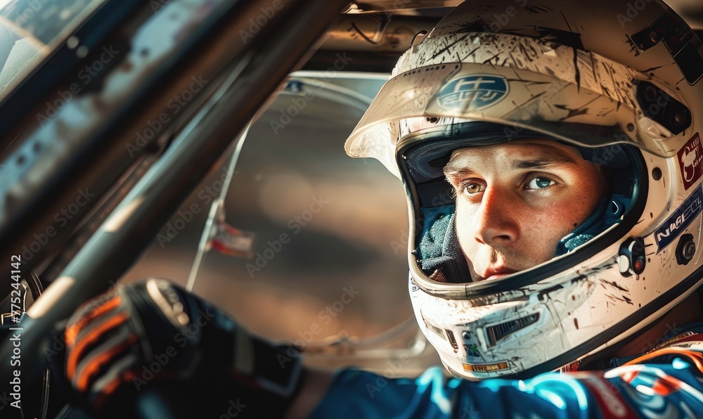 A focused racing driver in a full protective helmet and suit seated inside the cockpit of a high-performance race car, ready for competition. A focused racing driver in a full protective helmet and suit seated inside the cockpit of a high-performance race car, ready for competition.