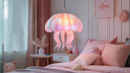 Pink girls bedroom with creative jellyfish shaped lamps