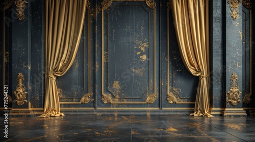 Large Room With Black and Gold Curtains
