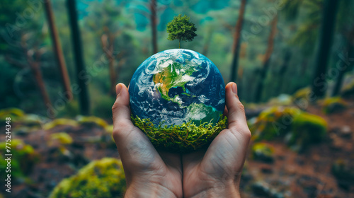 Hands Holding Earth with Tree - Environmental Concept. Human hands cradling a vibrant Earth with a single tree on top, symbolizing environmental care and the importance of conservation.
