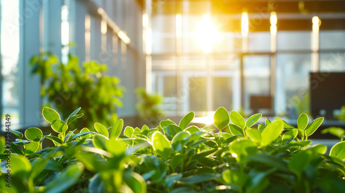 Sunlight Shining Through Office Plants. Fresh green plants in an office environment with warm sunlight streaming through the window, creating a tranquil work atmosphere.