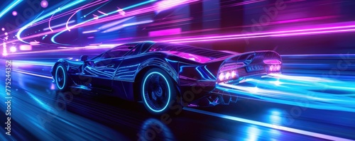 A sleek sports car bathed in neon lights speeds through a futuristic cityscape at night with neon light effect © Daniela