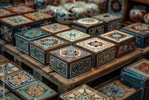 Variety of colorful, patterned ceramic tiles and pottery © Ihor