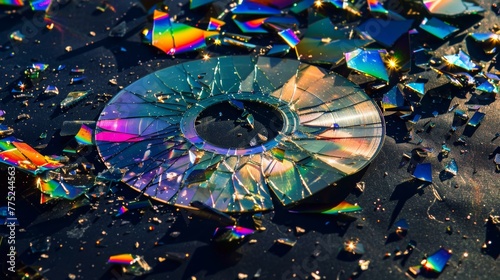 Shattered CD with colorful light reflections