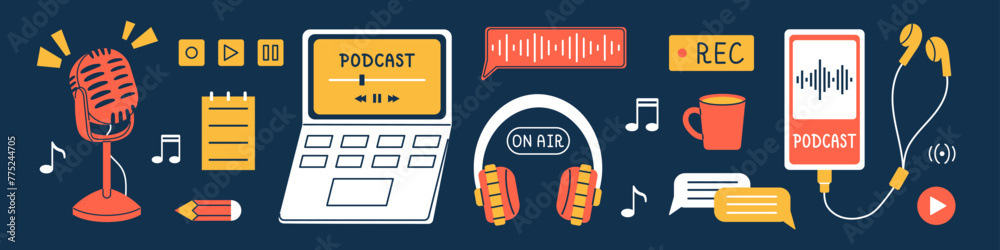 Vector set of different podcast elements. Collection of earphones, microphone, headphones, laptop, phone and other technology for broadcast. Podcast recording and listening, broadcasting, radio. Vector set of different podcast elements. Collection of earphones, microphone, headphones, laptop, phone and other technology for broadcast. Podcast recording and listening, broadcasting, radio.