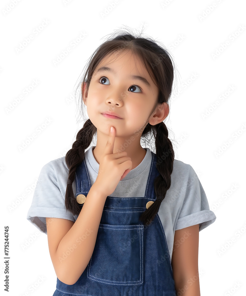 cute Asian girl in stylish blue jumpsuit touching her chin with her hand while raising her index finger up, is contemplating decision-making and the right choice isolated on transparent background cute Asian girl in stylish blue jumpsuit touching her chin with her hand while raising her index finger up, is contemplating decision-making and the right choice isolated on transparent background