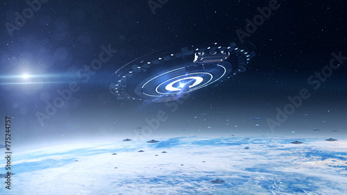 3d rendering-Alien saucer ufo's fleet flying toward mothership above earth

Alien invasion sci-fi concept,4K, 2024

