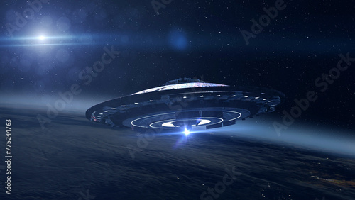 3d rendering-Massive Alien saucer ufo's flying above earth at sunrise
Alien invasion sci-fi concept,4K, 2024, outer space view

