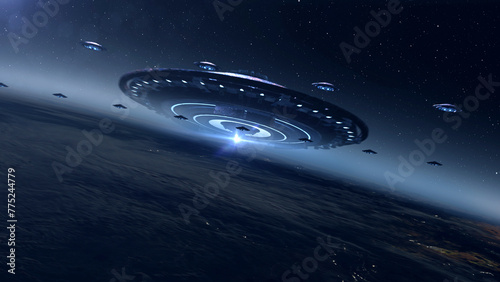 Fotografie 3d rendering-
Many ufo's flying toward mothership above earth
Alien invasion sci