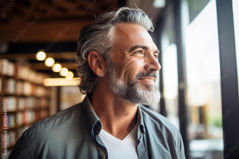 Obraz premium Generated with AI image of middle aged handsome man standing in front of library books
