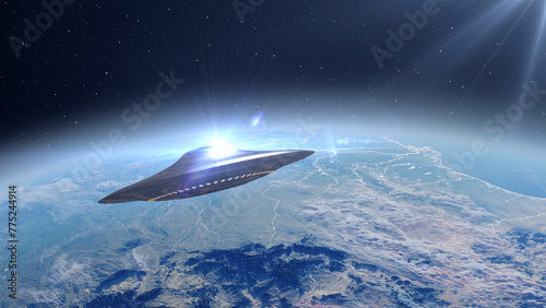 3d rendering-
Flying Saucer metallic UFO hovering close to Earth
Alien invasion sci-fi concept,4K, 2024

