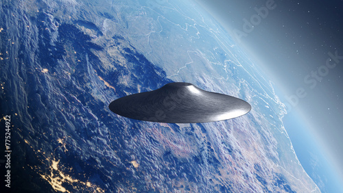 3d rendering-Flying Saucer UFO hovering close to Earth
Alien invasion sci-fi concept,4K, 2024
