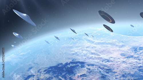 3d rendering-Flying Saucer UFO's fleet above Earth before invasion
Alien invasion sci-fi concept,4K, 2024

