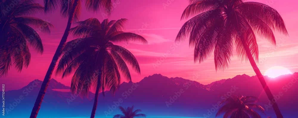 Tropical sunset with palm trees and mountains