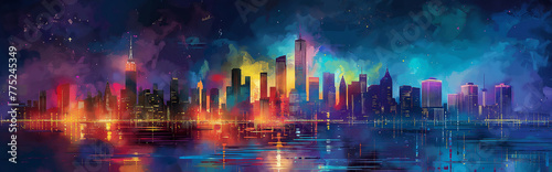 Watercolor painting landscape colorful night city with skyscrapers