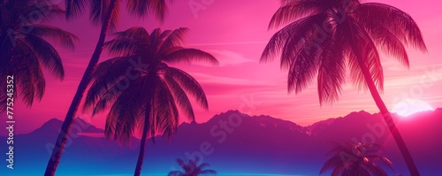 Tropical sunset with palm trees and mountains