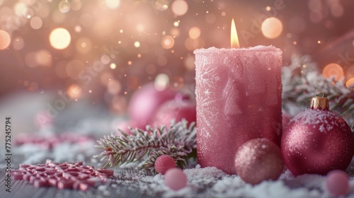 Candle and Ornaments in Snow