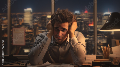 A tired and frustrated young adult and Caucasian business man is standing in front of his modern office desk with his hands in her hair with side-lighting 