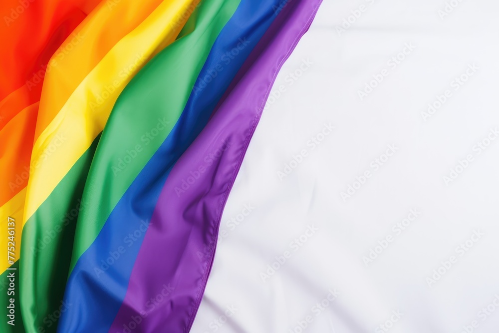 Brightly colored rainbow flag representing LGBTQ+ pride and diversity against a white background. Vibrant Rainbow Pride Flag Close-up