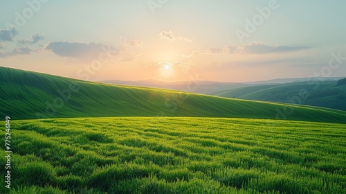 Rolling Green Field With Background Hills