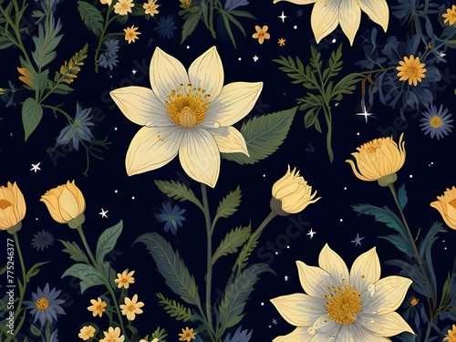 A seamless pattern of night-blooming flowers against a starry, midnight blue background, generative AI