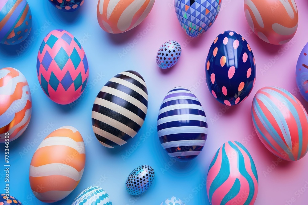 a bunch of colorful easter eggs on a red background . High quality AIG42E