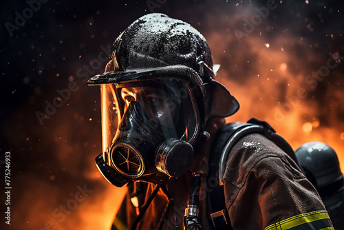Professional rescuer against burning city background AI generative concept © Tetiana