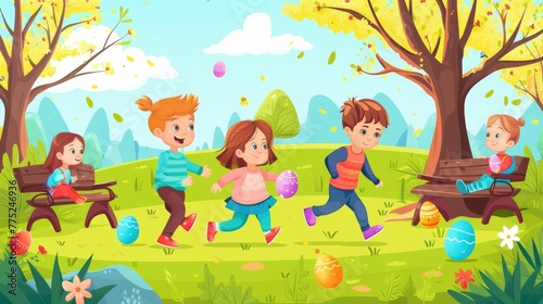 A group of happy children are playing with Easter eggs under a tree in the park, surrounded by green grass. They laugh and have fun, like characters in a cartoon AIG42E