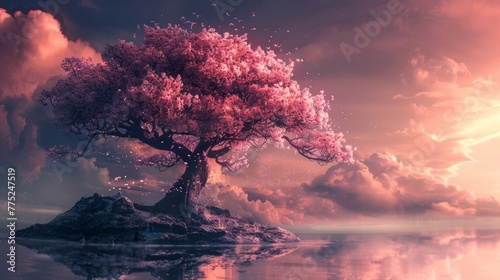 Sakura tree on an isolated island at sunset © LabirintStudio