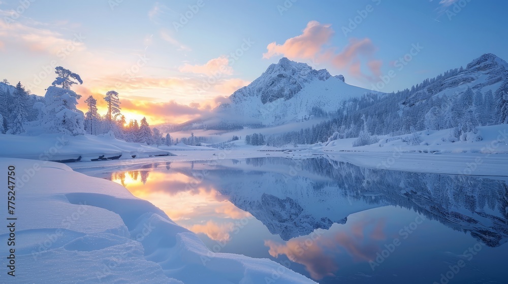 Winter wonderland  snowy mountain peak at sunset with reflective lake in high contrast realism