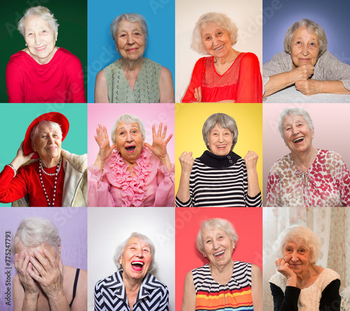 The collage from different emotions of senior woman
