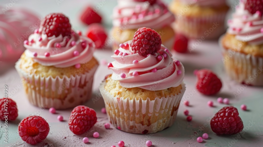 Cupcake Table With Frosting and Raspberries