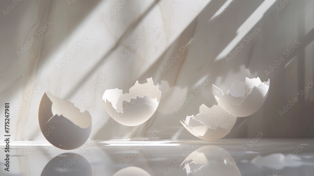 Fototapeta premium Broken eggshells on a reflective surface with soft shadows
