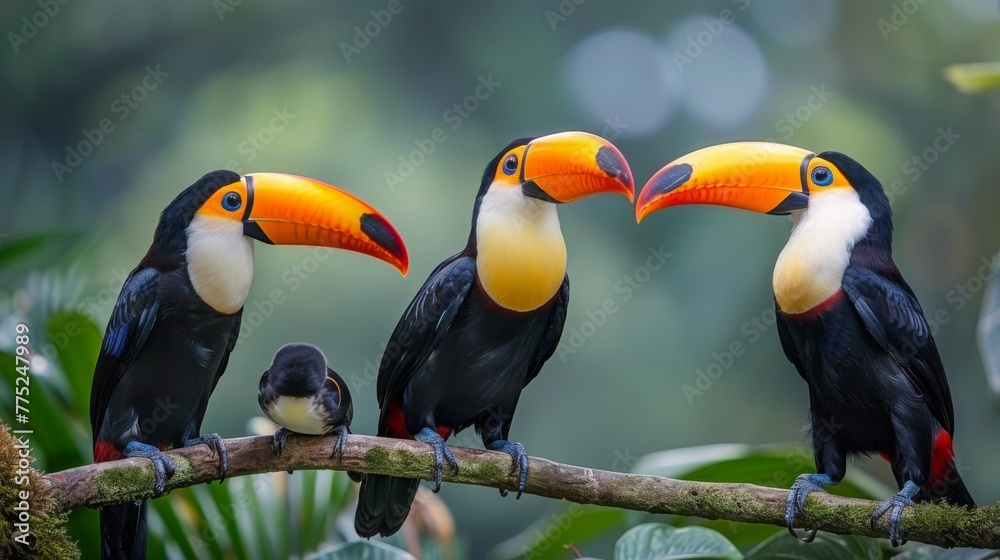 Fototapeta premium Three Colorful Birds Perched on Forest Branch
