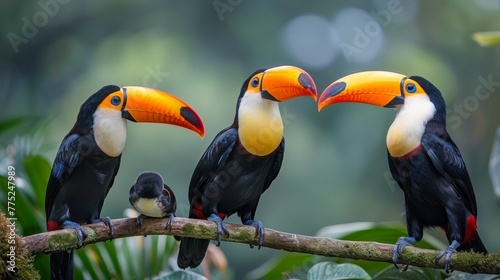 Three Colorful Birds Perched on Forest Branch