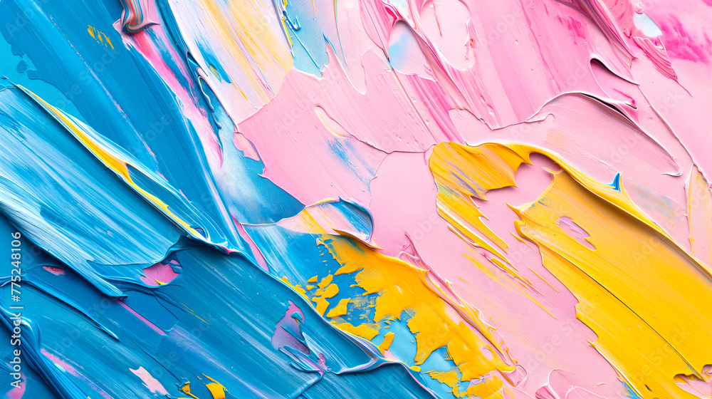 Abstract background with colorful oil painting, brush strokes in the style of yellow-blue, pink color, cracks on the surface of the canvas.