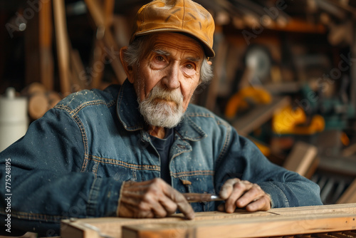 Old man working on wooden table, senior adult white ethnicity construction industry craft