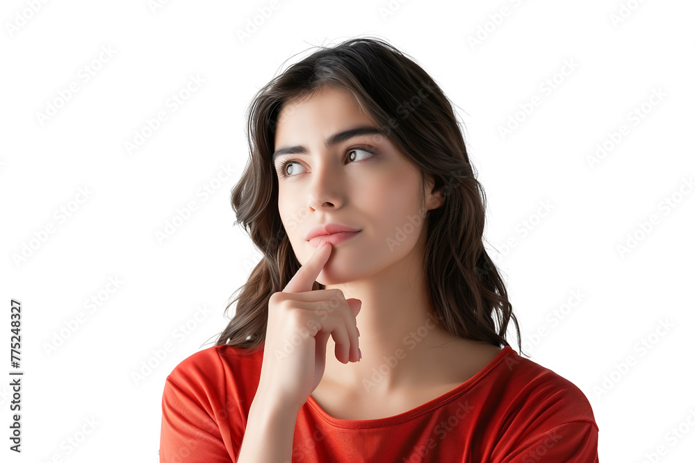 young beautiful woman in a stylish dark red shirt, touching her chin with her hand while raising her index finger up isolated on transparent background young beautiful woman in a stylish dark red shirt, touching her chin with her hand while raising her index finger up isolated on transparent background