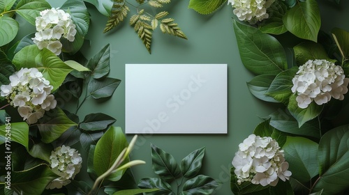 Blank Paper Surrounded by Green Leaves and Flowers