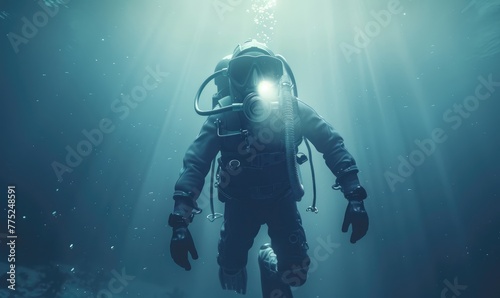 A breathtaking underwater shot of a scuba diver exploring the mysterious ocean depths, highlighting adventure and discovery © Daniela