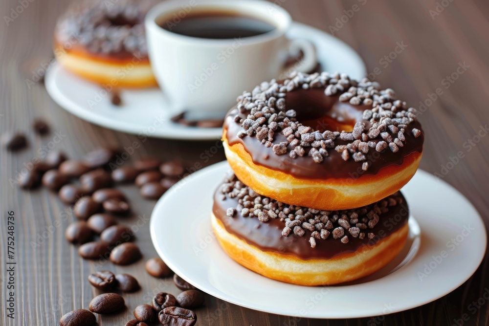 Indulge in Coffee and Donuts at Breakfast with Delicious Chocolate and Cake Flavours on a Sweet Background